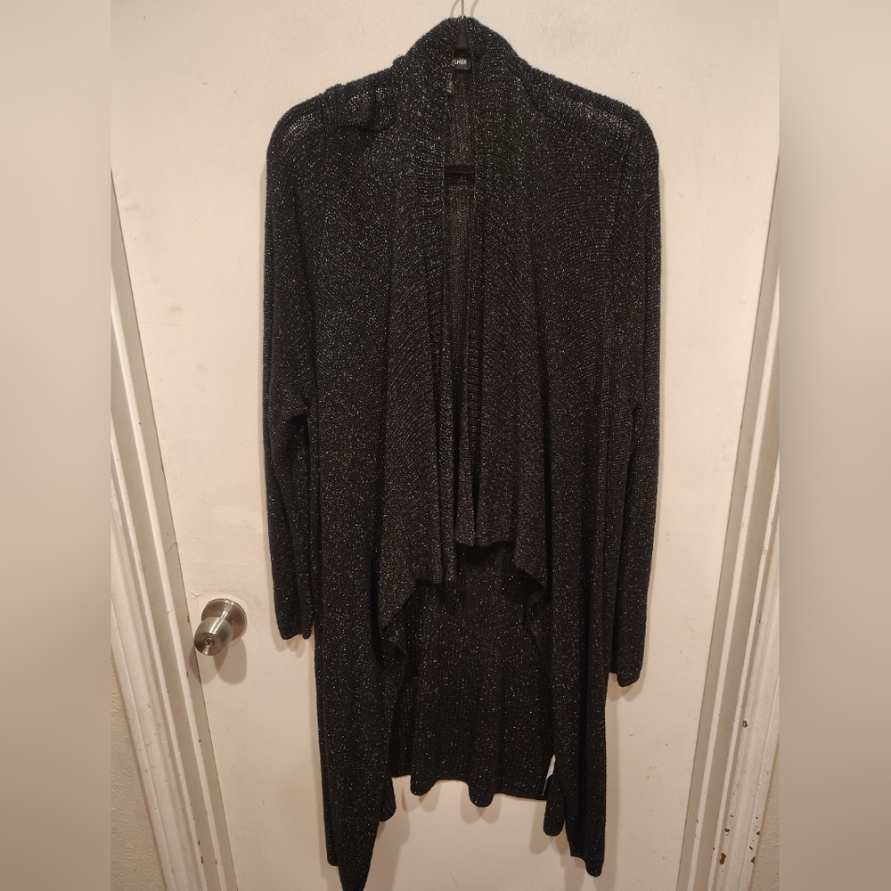 Eileen Fisher Black & Silver Wool Blend Waterfall Front Long Cardigan Sweater 2X